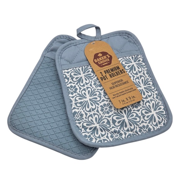 Bakers Choice Set of 2 Premium Cotton and Silicone Pot Holder Floral Blue 7x9in - Picture 1 of 6